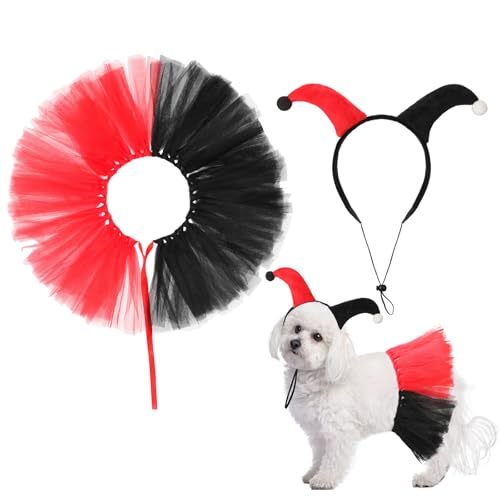 Huhumy Halloween-Clown-Kostüm-Set, Joker, Hund, Haustier, Cosplay-Zubehör, schwarz-roter Rock, Stirnband, Outfit-Set, lustige Kleidung für Welpen, Hunde, für Halloween, Cosplay, Partyzubehör, 2-teilig von Huhumy