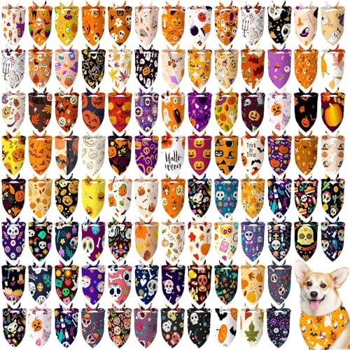 Huhumy Halloween-Hundehalstücher, bunt, dreieckig, Halstücher für mittelgroße und große Hunde, Halloween-Party, Kostüm, Dekoration, 100 Stück von Huhumy