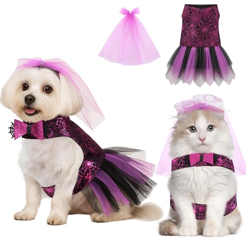 Huhumy Halloween-Hundekleid, Spinnennetz, Tüllrock mit Schleife, Urlaub, Katzenkostüm, Kleidung, lila, Haustier-Cosplay, Party, Bekleidung, Outfit für Halloween, Urlaub, Welpen, Kätzchen, Uniform von Huhumy