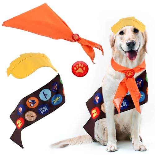 Huhumy Halloween-Hundekostüme, Halloween-Wildnis-Entdecker-Kostüm für Haustiere, braune Schärpe, gelber Hut, orangefarbener Schal, Cosplay-Anzug für mittelgroße oder große Hunde, 4 Stück von Huhumy