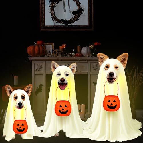 Huhumy Halloween-Hundekostüme mit nicht gewebten Kürbisbeuteln befestigter leichter Schnur, weißes Geisterkostüm für Hund, Katze, Geist, Cosplay, Kleidung, niedlicher Party-Umhang für Halloween von Huhumy