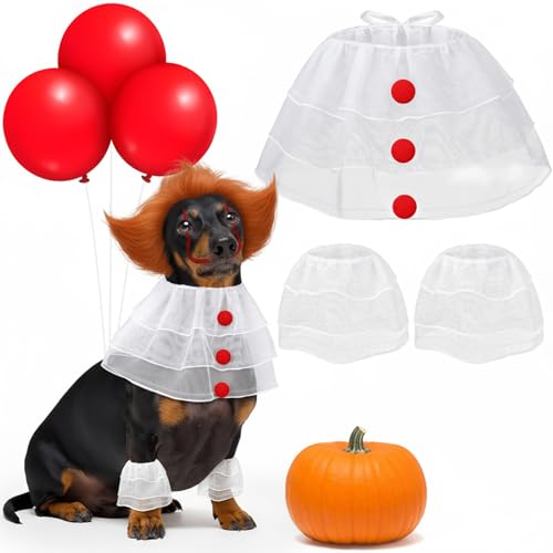 Huhumy Halloween-Kostüm-Set für Hunde, gruseliges Clown-Kostüm-Set, bestehend aus 1 Halsband mit roten Bommelbällen, 2 Leggings, 3 roten Luftballons für Welpen, Katzen, Haustiere von Huhumy