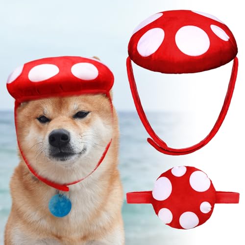 Huhumy Halloween-Kostüme für Hunde, weißer Pilz mit rotem Punkt, Hut für Haustiere, Katzen, Halloween, Weihnachten, Cottagecore, Cosplay, Schnittkostüme von Huhumy