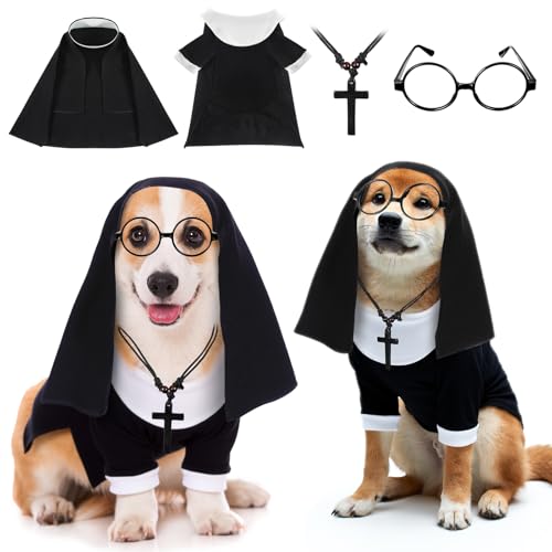 Huhumy Halloween-Nonnen-Kostüm-Set für Hunde, Kleidung mit linsenloser Brille, Kreuz-Halskette, lustige Katze, Welpen, Cosplay, Party-Outfits für Halloween, Hunde, Katzen, Kostüm, Urlaub, Uniform von Huhumy