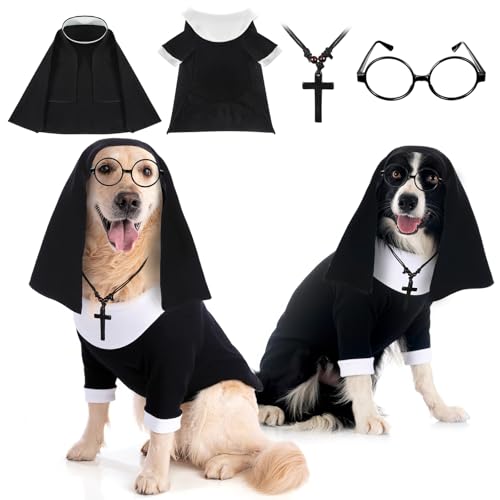 Huhumy Halloween-Nonnen-Kostüm-Set für Hunde, Kleidung mit linsenloser Brille, Kreuz-Halskette, lustige Katze, Welpen, Cosplay, Party-Outfits für Halloween, Hunde, Katzen, Verkleidung, Urlaub, Uniform von Huhumy