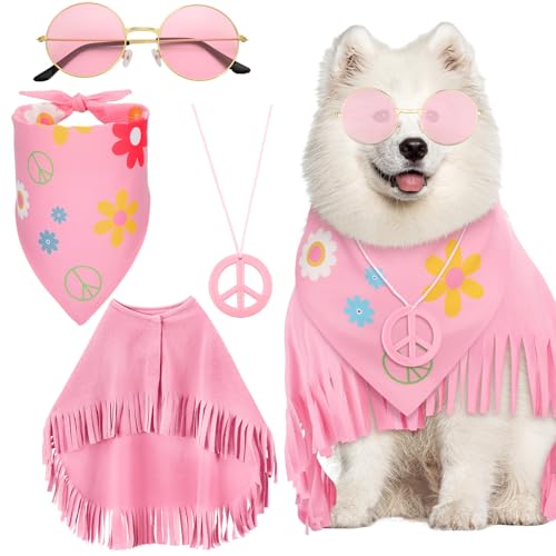 Huhumy Hippie-Hunde-Halloween-Kostüm, lustiges Hunde-Outfit mit rosa Umhang, Bandana, Brille, Halskette, Haustierkleidung, Größe L Huhumy Hippie-Hunde-Halloween-Kostüm, lustiges Hunde-Outfit mit rosa Umhang, Bandana, Brille, Halskette, Haustierkleidung, Größe L von Huhumy