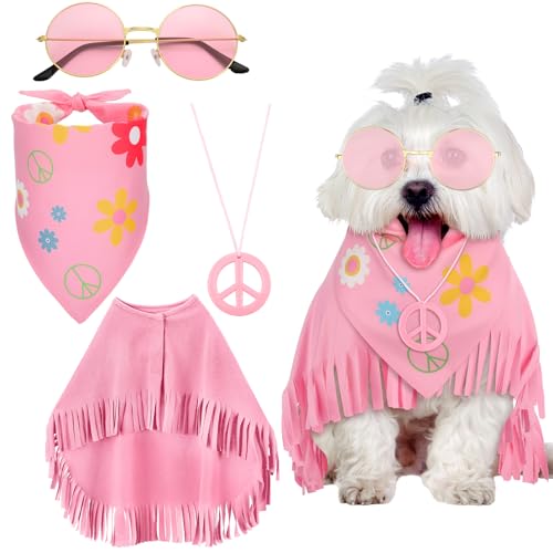 Huhumy Hippie-Hunde-Halloween-Kostüm, lustiges Hunde-Outfit mit rosa Umhang, Bandana, Brille, Halskette, Haustierkleidung (klein) von Huhumy