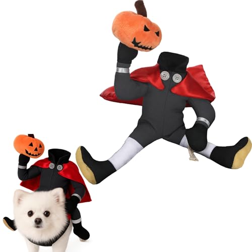 Huhumy Hunde-Halloween-Kostüm, kopfloser Reiter, lustiges Haustier-Cosplay-Reiter-Outfit mit Kürbis-Requisite in der Hand, verstellbar, mittelalterliches Kostüm für große, mittelgroße und kleine Hunde von Huhumy