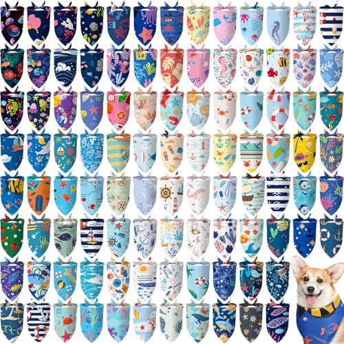 Huhumy Hundehalstücher für mittelgroße und große Hunde, bunt, dreieckig, für mittelgroße und große Hunde, Frühlings-, Sommer- und Geburtstagskostüm-Dekoration (Ozean-Motiv), 100 Stück von Huhumy