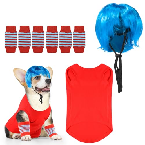 Huhumy Hundekostüm-Outfits, rot, weich, atmungsaktiv, Hemden und Beinstulpen für Haustiere, rot und blau gestreift, Hundeperücke blau, kurz, Welpen, Haustier für Cosplay-Party (XL), 8-teilig von Huhumy