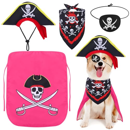 Huhumy Piratenkostüm-Set für Hunde, Piratenhut, Haustier-Totenkopf-Dreieck, Bandana, Welpenumhang und Augenmaske für Halloween-Outfits, Zubehör, Rosa, Größe L, 4-teilig von Huhumy