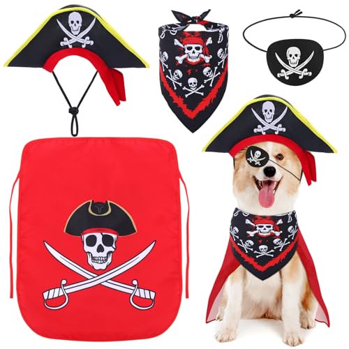 Huhumy Piratenkostüm-Set für Hunde, Piratenhut, Haustier-Totenkopf-Dreieck, Bandana, Welpenumhang und Augenmaske für Halloween-Outfits, Zubehör, Rot, Größe S, 4-teilig von Huhumy