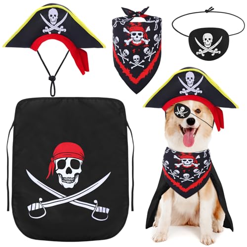 Huhumy Piratenkostüm-Set für Hunde, Piratenhut, Haustier-Totenkopf-Dreieck, Bandana, Welpenumhang und Augenmaske für Halloween-Outfits, Zubehör (Schwarz, Größe L) von Huhumy