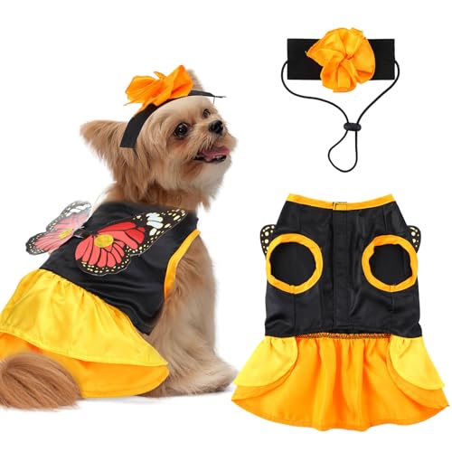 Huhumy Schmetterlings-Hundekleid, gelb, Größe M, lustiges Haustier-Halloween-Kostüm mit Flügeln und Blumenkopfbedeckung, Halloween-Outfit für mittelgroße Hunde, Welpen, Katzen, Haustiere von Huhumy