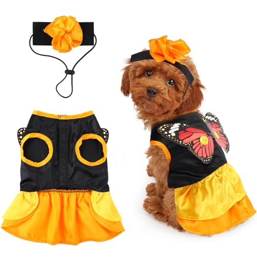Huhumy Schmetterlings-Hundekleid, gelb, klein, lustiges Haustier-Halloween-Kostüm mit Flügeln und Blumenkopfbedeckung, Halloween-Outfit für kleine Hunde, Welpen, Katzen, Haustiere von Huhumy