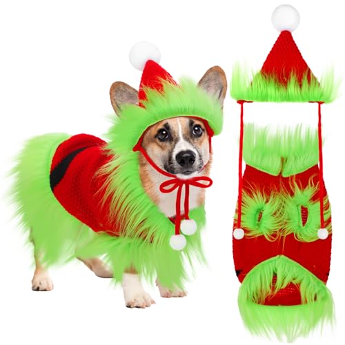 Huhumy Weihnachtliches Hundekostüm, gestricktes Hunde-Outfit, Haustierkleidung, grünes Fell, roter Pullover, gestrickter Weihnachtsmann-Elfenmütze, Winter-Kapuzenpullover, warme Kleidung, Huhumy Weihnachtliches Hundekostüm, gestricktes Hunde-Outfit, Haustierkleidung, grünes Fell, roter Pullover, gestrickter Weihnachtsmann-Elfenmütze, Winter-Kapuzenpullover, warme Kleidung, von Huhumy