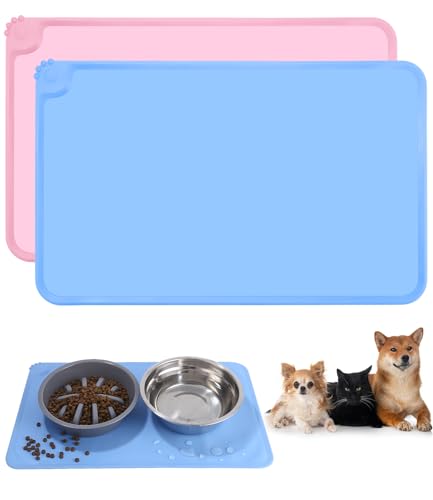 2-teiliges Set Napfunterlage Hund Katzen, 48x30cm (Rosa & Blau) wasserdichte und rutschfeste Silikon Fressnapf Unterlage, Futtermatte, Anti-Rutsch Haustier Fütterung Matte für Futternäpfe Placemats von Huifoo