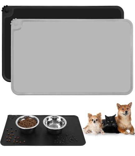 2-teiliges Set Napfunterlage Hund Katzen, wasserdichte und rutschfeste Silikon Fressnapf Unterlage, Futtermatte, Anti-Rutsch Haustier Fütterung Matte Placemats per animali (Schwarz&Grau, 48×30cm) von Huifoo