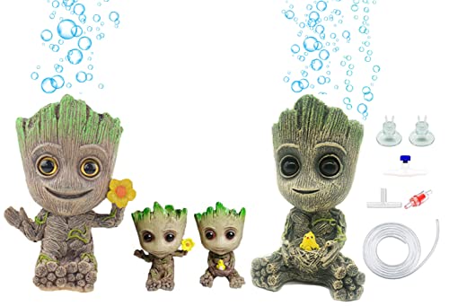 Huike Baby Groot Aquarium Dekoration Luft Sprudler Stein, Treeman Aquarium Luftblasenstein Blasendekoration Fischbecken Ornamente mit Schlauch und Steuerventile Zubehör, 4 Stück Groot Figur von Huike