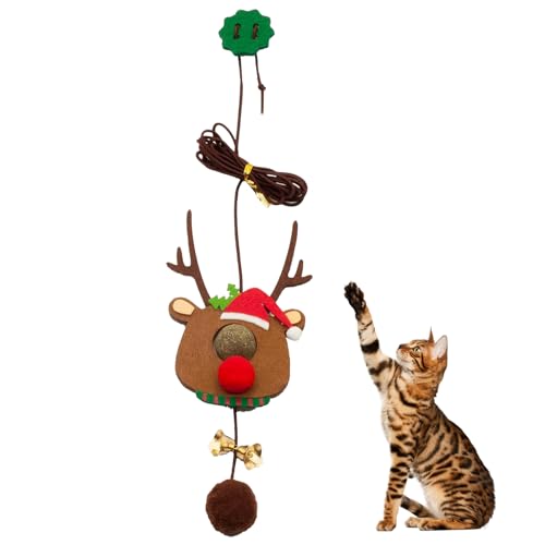 Hujinkan Weihnachtskatzenspielzeug für Wohnungskatzen - Weihnachten Rentier/Kranz Katzentürspielzeug Ersatz Kätzchenspielzeug,2 m elastisches Seil zum Aufhängen an der Tür, einziehbares von Hujinkan