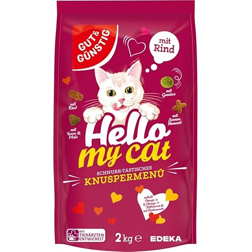 EDEKA Gut und Günstig Katzenfutter Hello My Cat Katzen Trockenfutter mit Rind Knuspermenü 2kg von Hunde