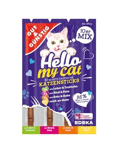 Gut & Günstig Katzen Sticks Hello My Cat Würstchen 5er Pack | Leckeries für Katze | Katzensnack Kaustangen 5x10 Katzensticks 4 Sorten-Mix 50g von Hunde