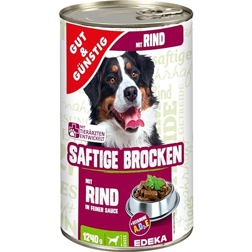 Gut & Günstig Saftige Brocken mit Rind 1240g Hundefutter Hunde Nassfutter in Dose | Alleinfuttermittel für ausgewachsene Hunde | Saftige Fleischstückchen schonend dampfgegart von Hunde