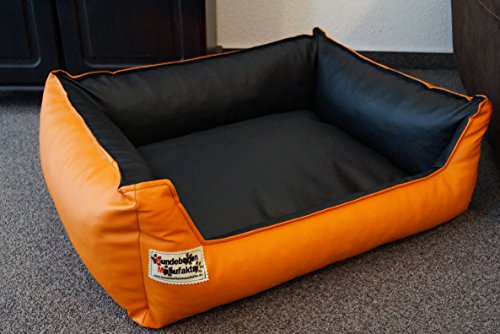 Hundebett Hundesofa Schlafplatz Kunstleder Similpelle Farbe und Größe wählbar von XS bis XXL (110 cm X 85 cm, orange schwarz) von Hundebettenmanufaktur