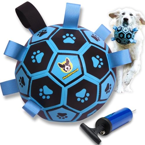 Hundefreund Großer Hundefußball Blau Leuchtend mit Haltegriffen, Hundespielzeug Fußball für Große Hunde mit Pumpe, Interaktiver Hundeball (18 cm) für Drinnen, Draußen und im Wasser von Hundefreund