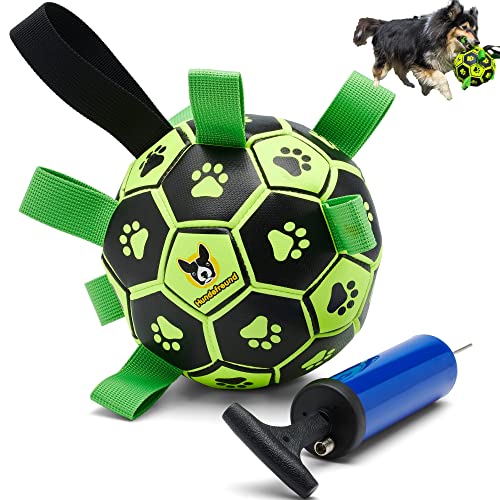 Hundefreund Hundefußball leuchtend mit Haltegriffen, Hundespielzeug Fußball für Hunde mit Pumpe, Interaktiver Hundeball (15 cm) für Drinnen, Draußen und im Wasser von Hundefreund
