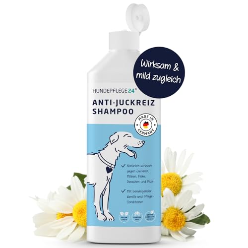 Natürliches Hundeshampoo gegen Juckreiz 3in1 - Mit Fellglanzformel und integriertem Conditioner - Unterstützend bei Milben, Flöhe & Pilzbefall - Shampoo für Hunde, Katzen und Jungtiere 500ml von Hundepflege24