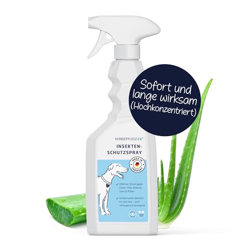 Hundepflege24 Zeckenspray für Hunde - Hochwirksamer Floh und Zeckenschutz für Hunde und Katzen mit Geraniol und Aloe Vera - Insektenschutz gegen Zecken, Flöhe, Milben, Läuse, Mücken - 500ml von Hundepflege24