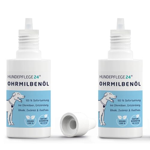 HUNDEPFLEGE24 Ohrmilbenöl für Hunde & Katzen - 100% natürliche, wirksame Sofortwirkung bei Ohrmilben, Entzündung, Ohrräude, Juckreiz & Ausfluss - Ohrentropfen für Hunde gegen Milben 2 x 50ml von HUNDEPFLEGE24