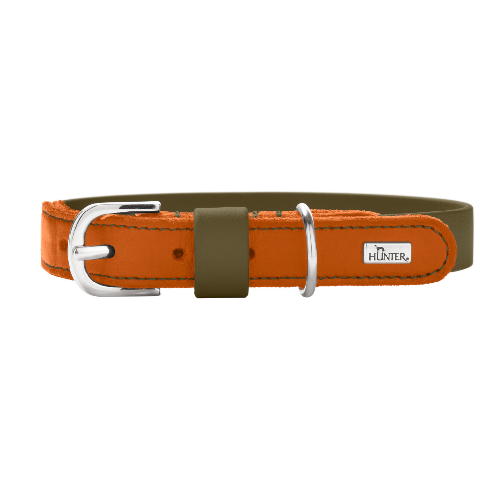 HUNTER Halsband Wolmar BioThane® x Leder, khaki/orange - Größe S-M: 50 cm lang, 24 mm breit von Hunter