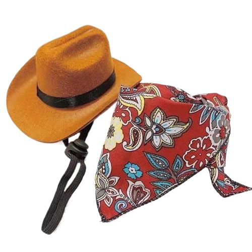 Hunde Cowboy Kostüm Set, mittelgroße Hut & Bandana für Haustiere, westliches Party -Outfit mit einstellbaren Gurten (Hut + Schal, Größe M) von Huraoerrrr