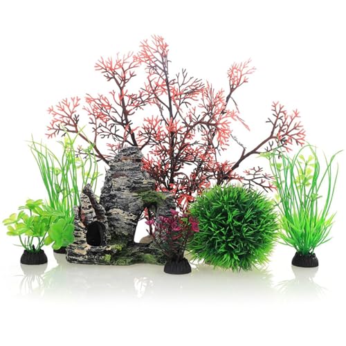 Huraoerrrr 7pcs Kunststoff -Aquariumpflanzen mit Sockelfischtankhöhlenfeindedex für Bürohaushalte von Huraoerrrr