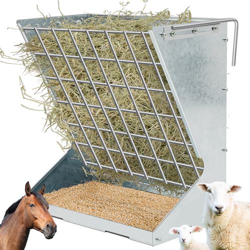 Hushee 2-in-1 Futterstation für Ziegen, Pferde, Heu, Wandmontage, Metall, zum Aufhängen, für Schafe, 59,9 cm hoch, Futterspender, verzinkter Stahl, kein Abfall für Mineralfutter, verstellbarer Abstand von Hushee