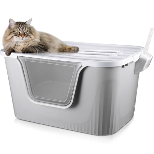 Hushee Geschlossene Katzentoilette, 80 x 54 x 41,5 cm, extra große Katzentoilette mit Schaufel vorne, zwei Ausgänge, doppelt aufgetragene XL, für Katzen und Hunde bis zu 27,2 kg, auslaufsicher, leicht von Hushee