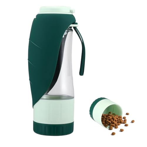 Hunde-Wasserflasche und Futterbehälter, tragbar, 330 ml, 360 Grad, auslaufsicher, Haustier-Reise-Wasserflaschenspender mit faltbarem Blattnapf für Spaziergänge, Wandern und Outdoor von HuuppHip