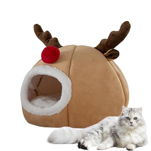 Hundebett Weihnachten, Warmes Haustierbett Weihnachten Katzenhöhle, Plüsch Katzenhaus mit Weihnachten Rentier Design, Warmes Haustierbett Weihnachten Katzenhöhle, Hundezeltbett, Waschbares Indoor von Huyeruie