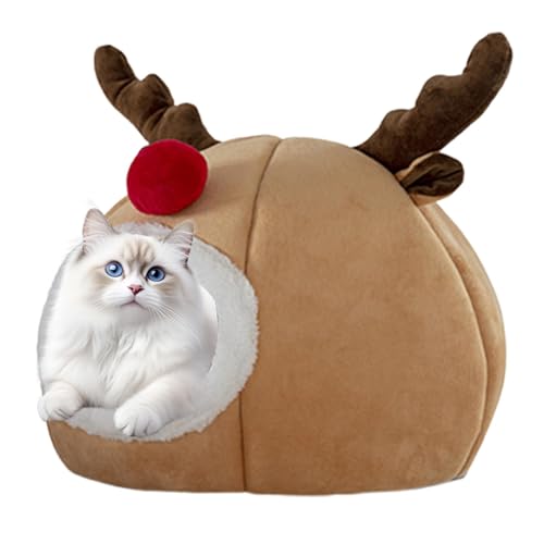 Hundebett Weihnachten, Warmes Haustierbett Weihnachten Katzenhöhle, Plüsch Katzenhaus mit Weihnachten Rentier Design, Warmes Haustierbett Weihnachten Katzenhöhle, Hundezeltbett, Waschbares Indoor von Huyeruie