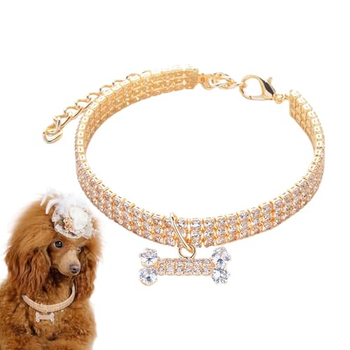 Huyeruie Welpen-Halskette | 3-reihiges Strass-Halsband für Haustiere, verstellbares 3-reihiges Strasshalsband für Haustiere, Strass-Knochen-Schmuck, Party, Hochzeitszubehör von Huyeruie