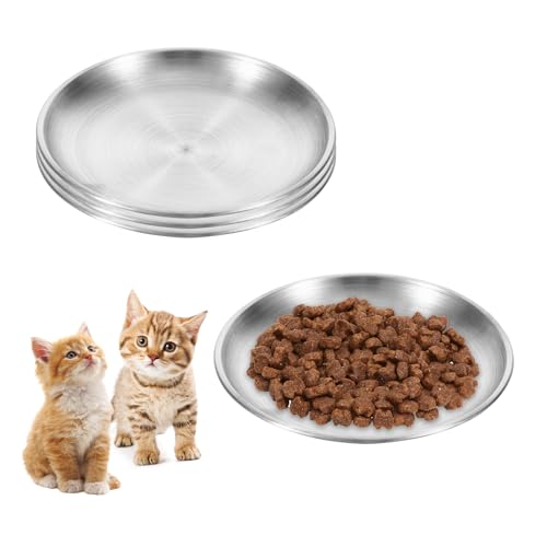 4 Stück Katzennapf Flach, Futternapf Katze aus Edelstahl, Rutschfester Katzenfressnapf, Katzenschüssel für Trockenfutter, Fressnapf Katze für Futter, Hygienischer Katzenteller, Leicht zu Reinigen von HweeWanX