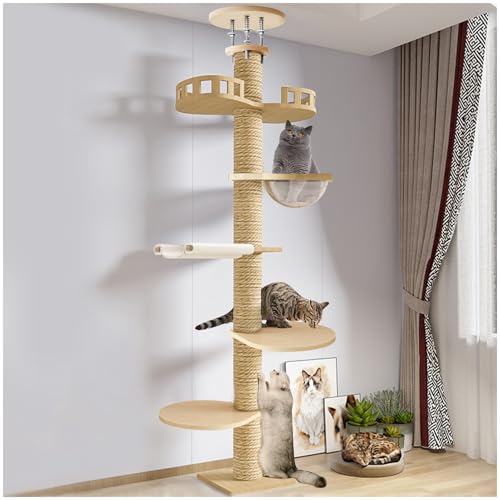 Höhenverstellbarer Kratzbaum bis zur Decke | 6-Etagen Katzenturm mit Kratzsäule | Massivholz-Katzenbaum für große Katzen | Indoor-Aktivitätszentrum mit Beobachtungsplattform & Schlafkapsel (Beige) von Hxtutglrp