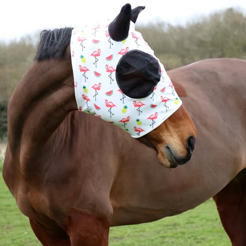 Hy Equestrian Stretch-Fliegenmaske mit Flamingo-Druck, Weiß/Rosa (Cob) von Hy Equestrian