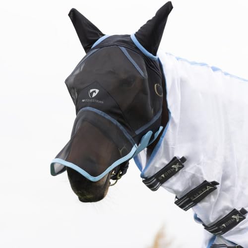 Hy Equestrian Netz-Vollmaske mit Ohren und Nase - Schwarz/Hellblau - Kleines Pony von Hy Equestrian