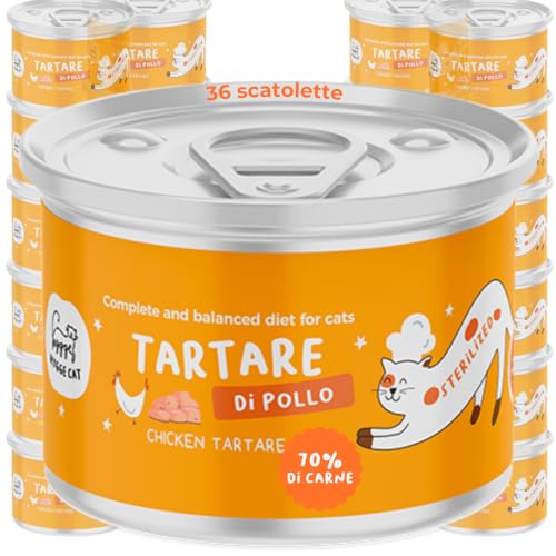 Huhntartar | Nassfutter für Katzen | Monoproteinrezept und Grain Free mit Lachsöl | hohe Verdaulichkeit und reich an Omega 3 und 6 | 36 x 85 g Made in Italy | Hygge Cat von Hygge