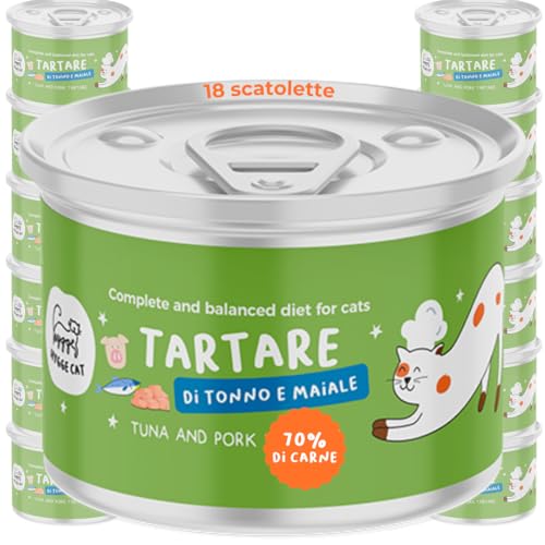 Thunfisch und Schweine-Tartar | Nassfutter für Katzen | natürliches Rezept und Grain Free in weicher Konsistenz | mit Lachsöl reich an Omega 3 und 6 | 18 x 85 g | Made in Italy | Hygge Cat von Hygge