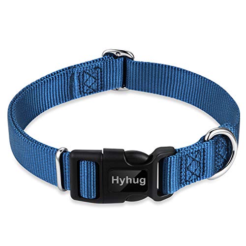 Hyhug entwirft Klassische grundlegende Hundehalsbänder, einfarbiges Nylon, sichere Schnellschnallen, entfernen, und kann Hunde-ID-Tags aufhängen (Mittlere, Klassisch Blau) von Hyhug