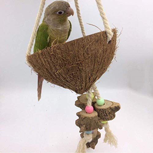 Hypeety Vogelnest Natur Kokosnuss-Muschel Spielzeug Baumwolle Seil Paprika Holz Farbe Perlenkettenständer Beißspielzeug für Papageien Vögel Sittiche von Hypeety